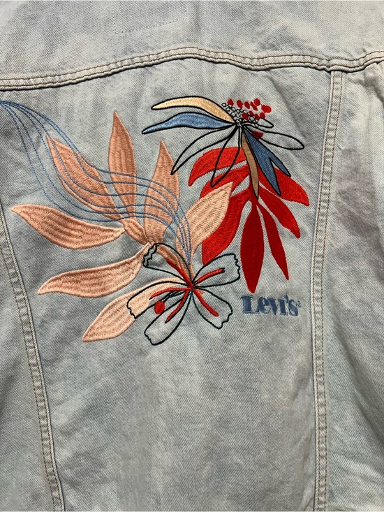 Levi's Jackets & Blazers - Levi's Light Blue Denim Trucker Jacket with Red Leather Patch